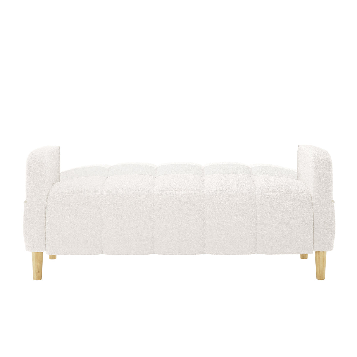 Anica 2 Seater Boucle Fabric Sofa Bed in Cream White features a rectangular design with tufted sections, blocky armrests, and tapered light-wood legs, blending comfort and functionality seamlessly.