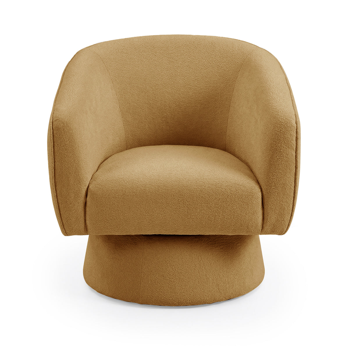 Arlo Chenille 360° Swivel Accent Chair in Amber Brown with a gently curved back and arms, cushioned seat, and a round swivel base, offering a cozy, compact design ideal for versatile seating.