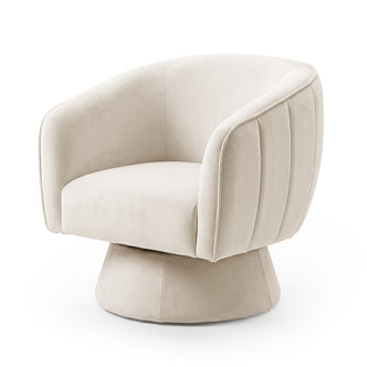 Arlo Chenille 360° Swivel Accent Chair in Oatmeal features a barrel-style design with a curved back and arms, upholstered in soft fabric, and sits on a matching upholstered swivel base.