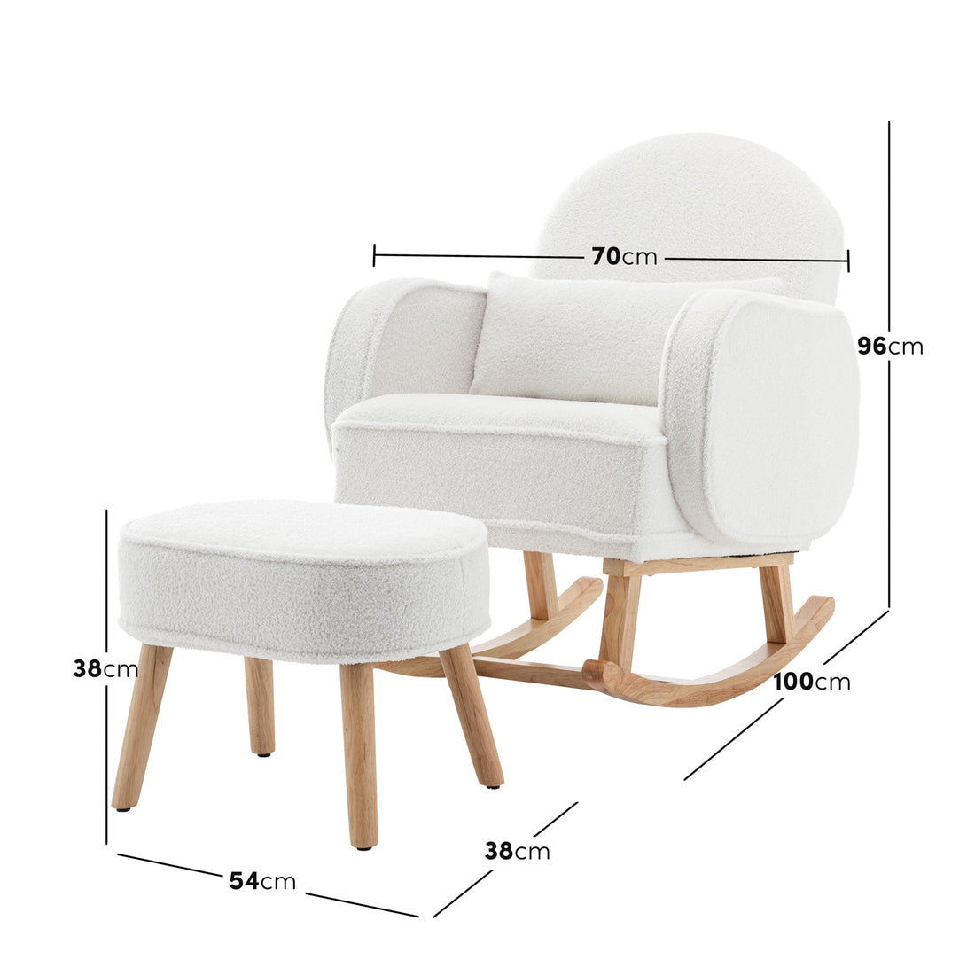 Aura Bouclé Rocking Chair with Ottoman in Cream White featuring boucle-style upholstery, natural wood legs, and dimension call-outs highlighting the chair's width, height, and depth alongside the ottoman's measurements. - Dimensions