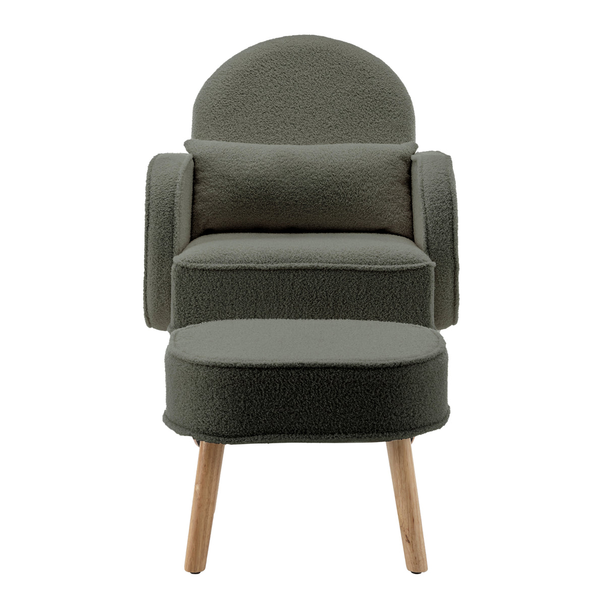 Aura Boucle Rocking Chair with Ottoman in Green, featuring a rounded padded backrest, integrated armrests, loose lumbar cushion, and matching footstool, all on light-wood tapered legs.