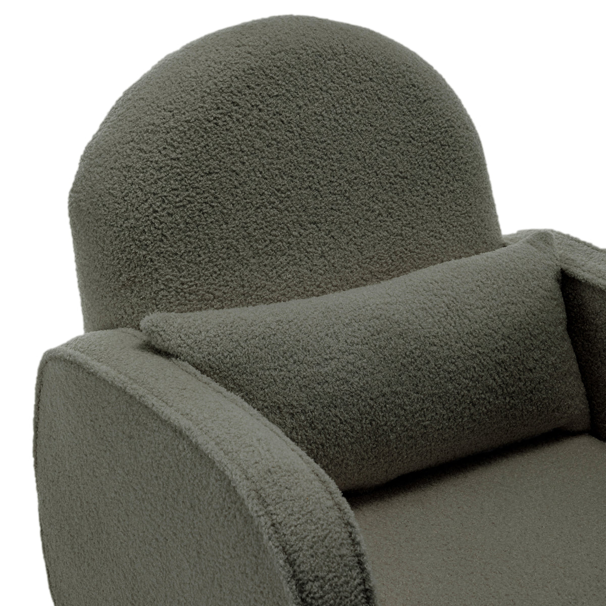 Close-up of the Aura Boucle Rocking Chair with Ottoman in Green, showcasing its modern design with boucle-style fabric, rounded backrest, arm, seat cushion, and matching lumbar pillow.