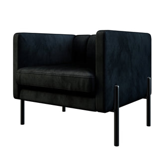 Avian Velvet Accent Sofa with Steel Legs in Black, featuring a modern, boxy design with straight arms, soft velvet upholstery, thick seat cushion, and slender black cylindrical metal legs for a sleek look.