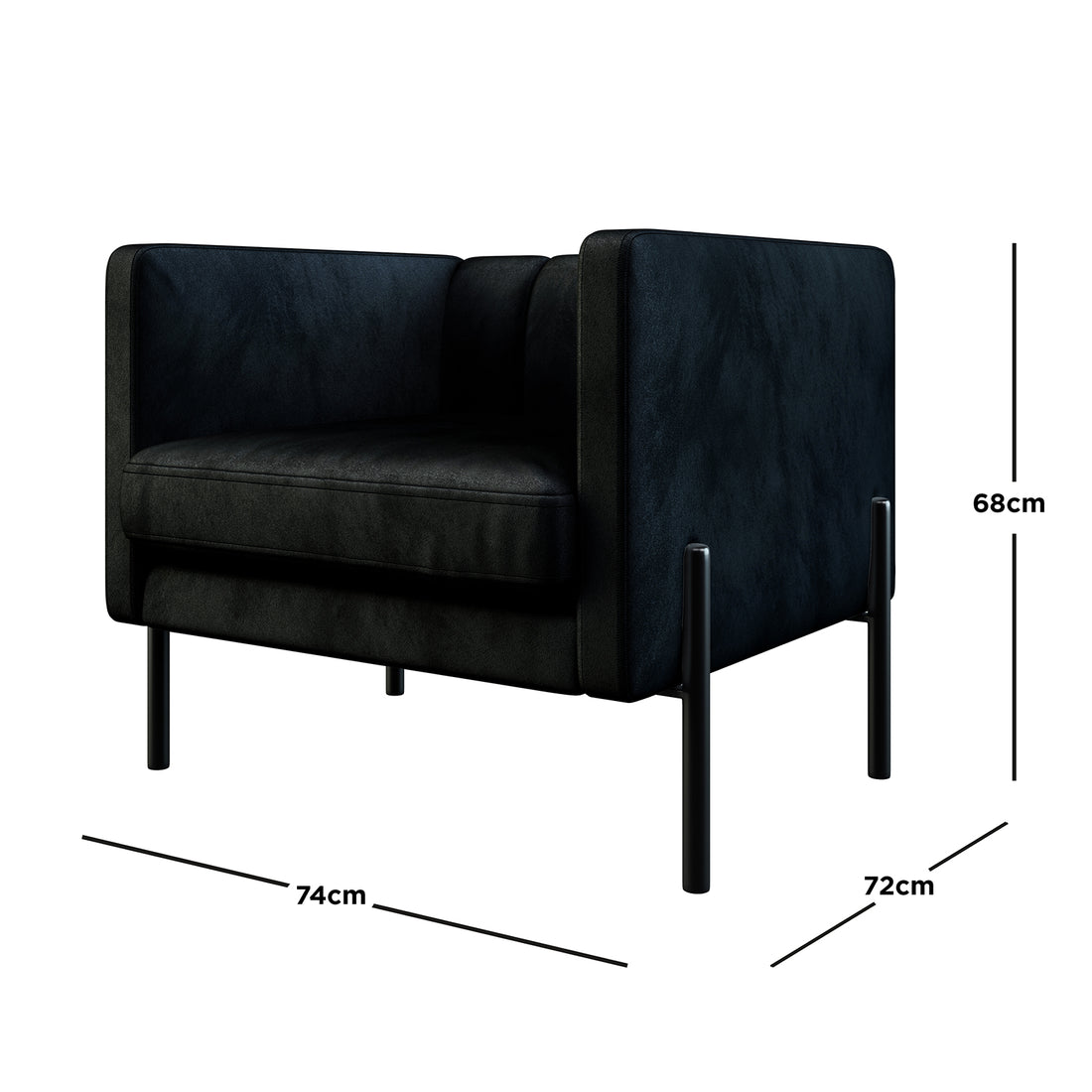 Avian Velvet Accent Sofa with Steel Legs in Black, featuring a modern cube shape with black upholstery and slim cylindrical metal legs. Dimensions: 74 cm wide, 72 cm deep, 68 cm tall.