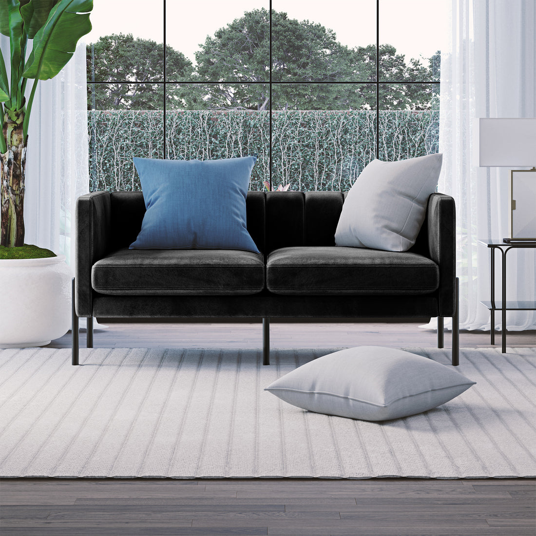 Avian 2 Seater Velvet Sofa with Steel Legs - Black -Lifestyle
