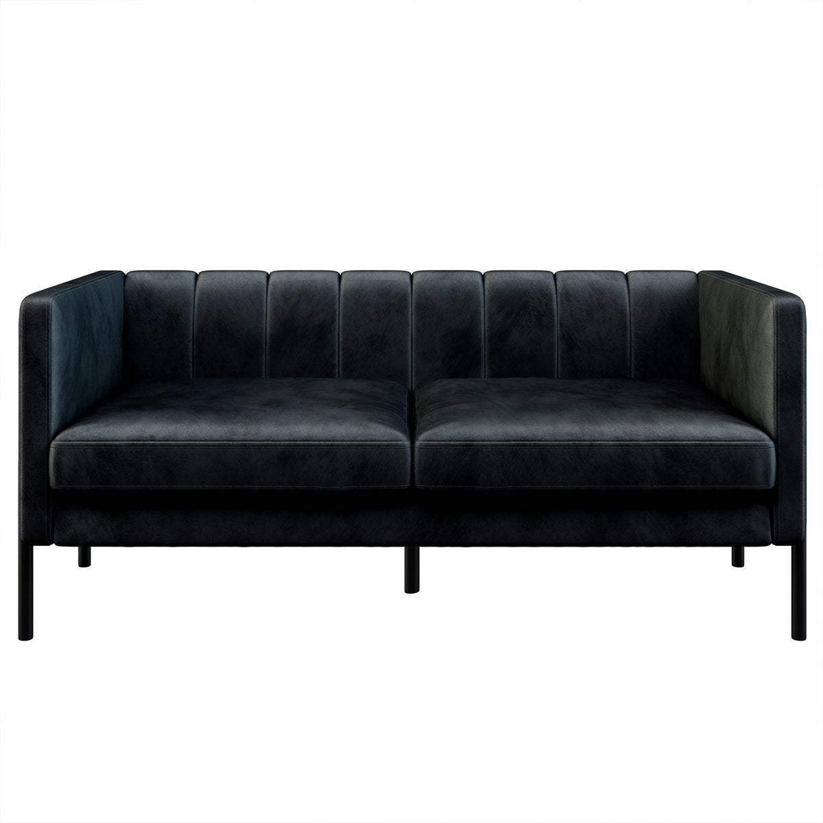 Avian 2 Seater Velvet Sofa with Steel Legs in Black, front view showing vertical channel tufting