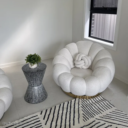 Beare Boucle Swivel Gold Base Accent Chair in Cream White with scalloped petal-style back, bouclé upholstery, and gold swivel