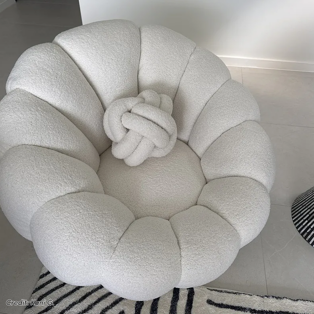 Beare Boucle Swivel Gold Base Accent Chair in Cream White with scalloped petal-style back, bouclé upholstery, and knotted