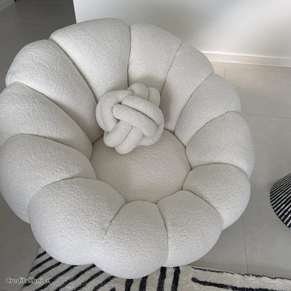 Beare Boucle Swivel Gold Base Accent Chair in Cream White with scalloped petal-style back, bouclé upholstery, and knotted