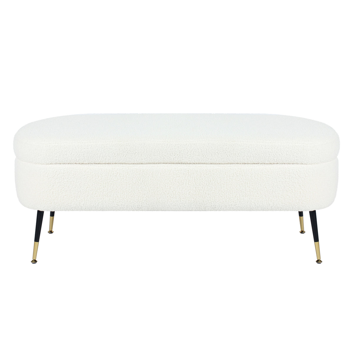 Bella 114cm Boucle Ottoman with Storage in Cream White features a modern design with a rounded top, slender black metal legs with brass feet, and boucle fabric, offering both style and practicality.
