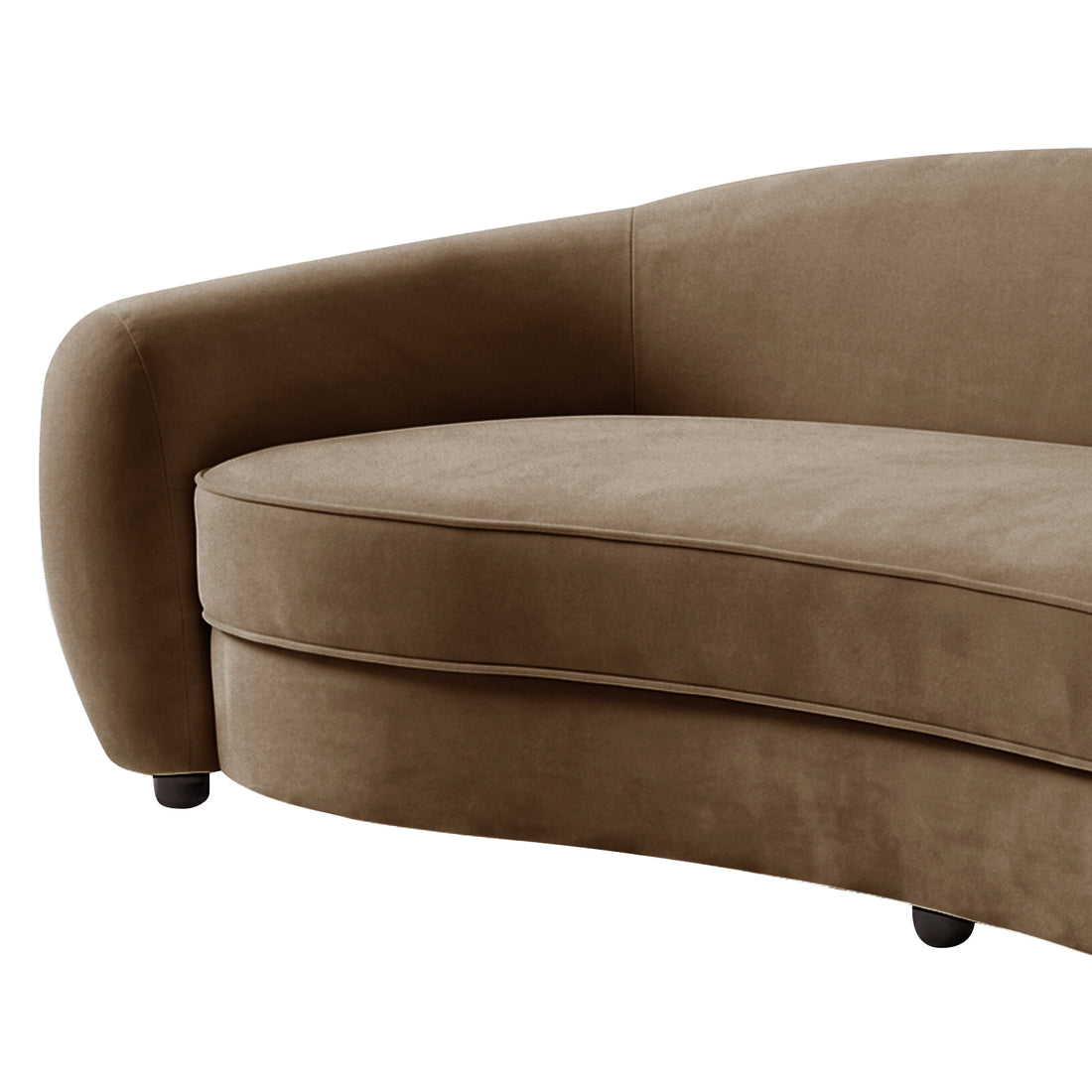 Close-up of curved armrest and seat cushion of warm taupe brown velvet sofa with black legs on white background