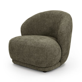 Moss green chenille curved accent chair with rounded back and seat on white background