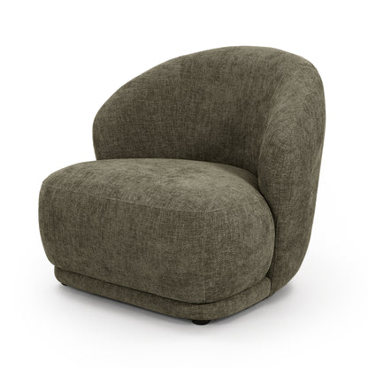 Moss green chenille curved accent chair with rounded back and seat on white background