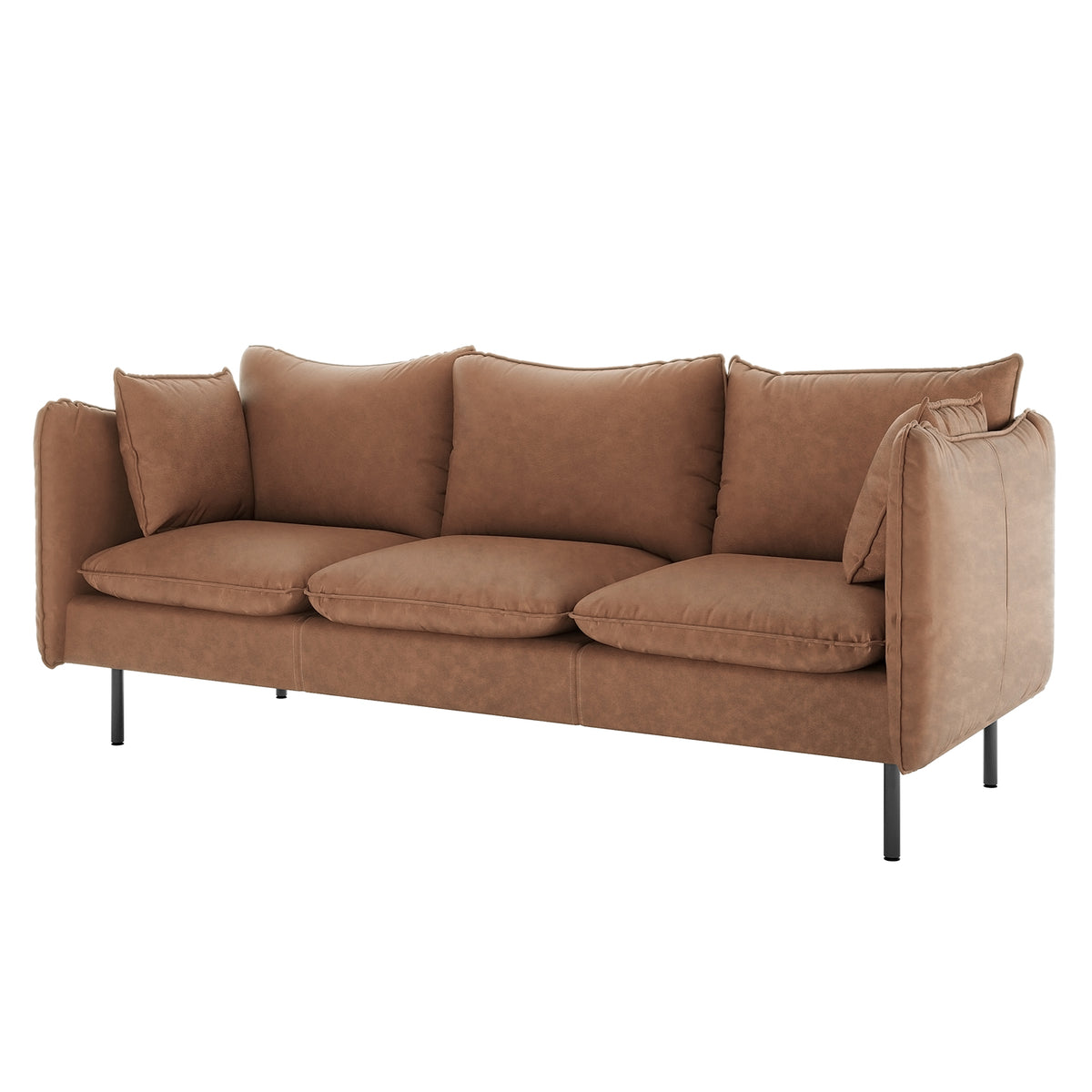 Cassian 3 Seater PU Leather Sofa in Chocolate Brown with three seat and back cushions, slim black metal legs, slightly rounded arm panels, offering a blend of luxury and compact elegance.