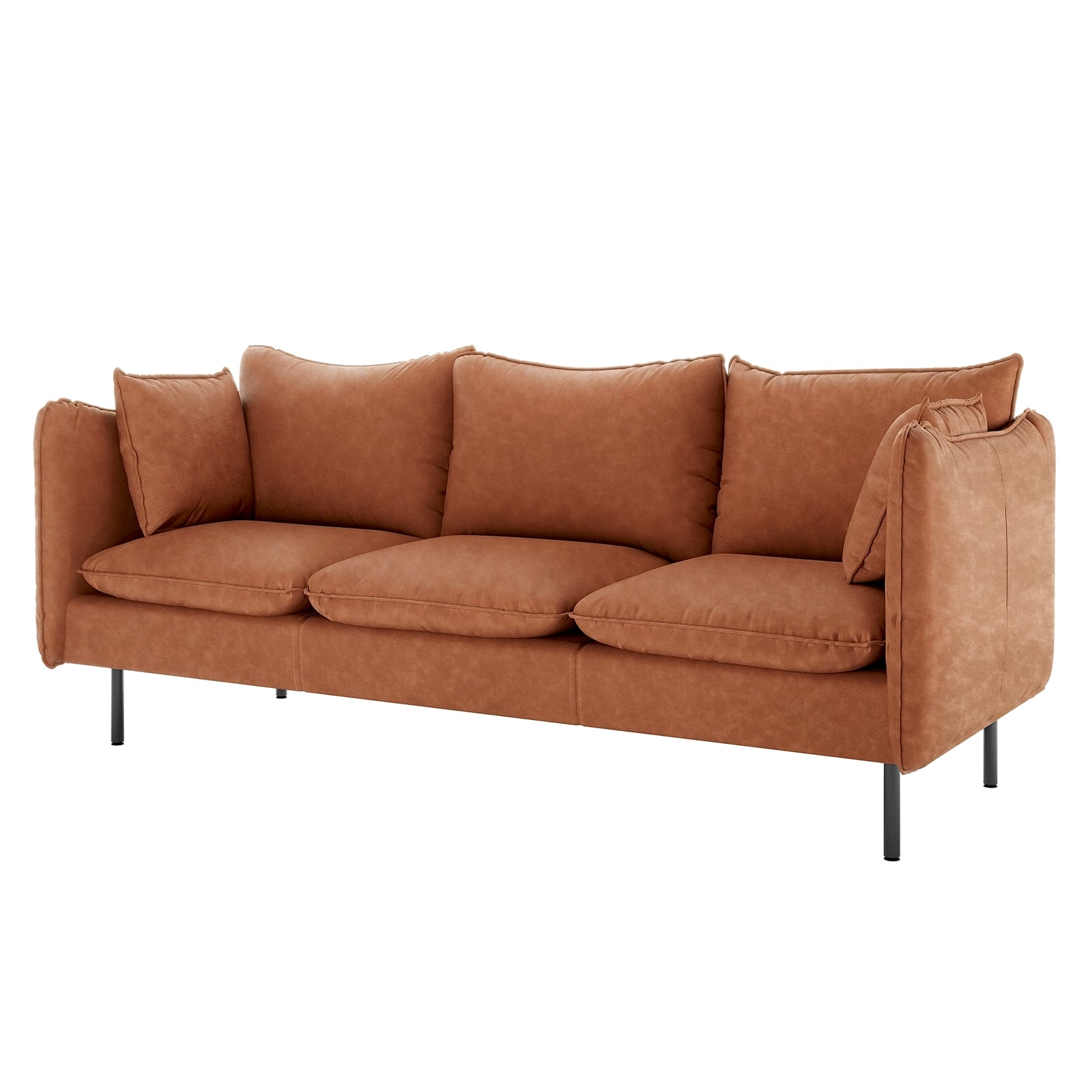 Cassian 3 Seater PU Leather Sofa in Mocha features a sleek design with cognac leather upholstery, plush cushions, and slim black metal legs, offering luxurious seating for modern living spaces.