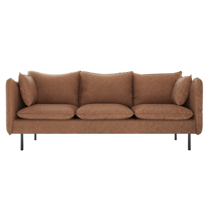 Cassian 5 Seater PU Leather Sofa Set in Chocolate Brown features three loose seat and back cushions, narrow padded arms, and slim black metal legs, showcasing modern elegance and comfort.