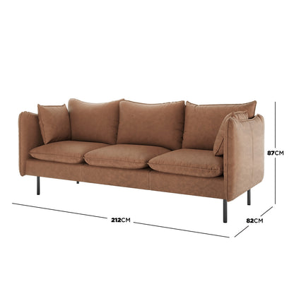 Cassian 5 Seater PU Leather Sofa Set in Chocolate Brown, featuring three loose seat and back cushions on a sleek frame with slender black metal legs, measuring 212 cm by 82 cm by 87 cm.
