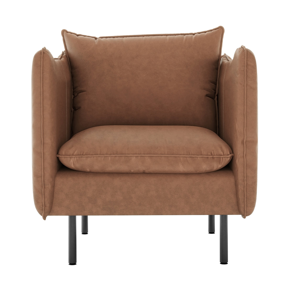 Cassian 5 Seater PU Leather Sofa Set in Chocolate Brown, featuring a modern armchair with warm brown suede-like upholstery, boxy cushions, and slender black metal legs, offering elegance and comfort.