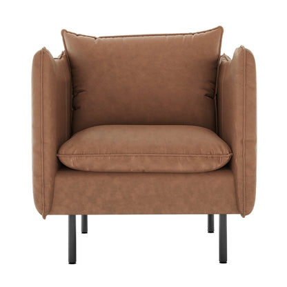 Cassian 5 Seater PU Leather Sofa Set in Chocolate Brown, featuring a modern armchair with warm brown suede-like upholstery, boxy cushions, and slender black metal legs, offering elegance and comfort.