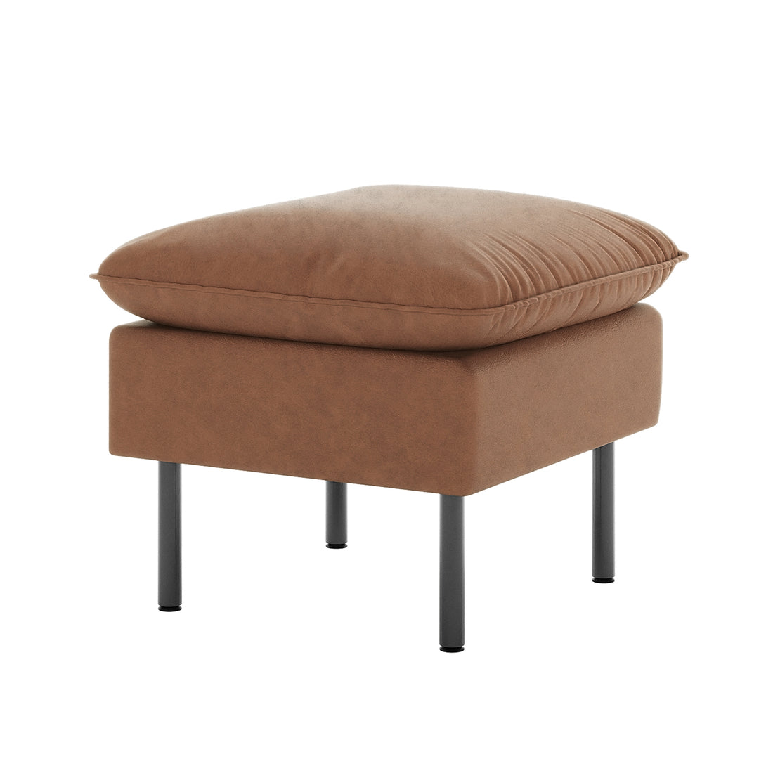 Cassian 5 Seater PU Leather Sofa Set in Chocolate Brown features a small, square ottoman with plush, brown upholstery and slender dark metal legs, complementing the sofa's elegant, modern design.