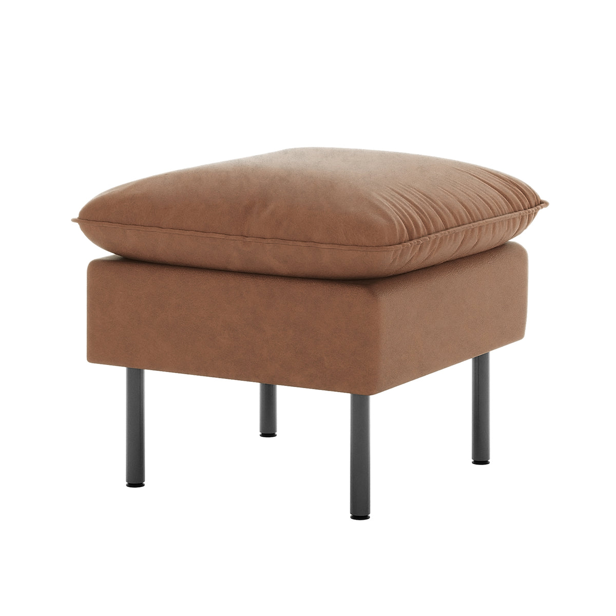 Cassian 5 Seater PU Leather Sofa Set in Chocolate Brown features a small, square ottoman with plush, brown upholstery and slender dark metal legs, complementing the sofa's elegant, modern design.