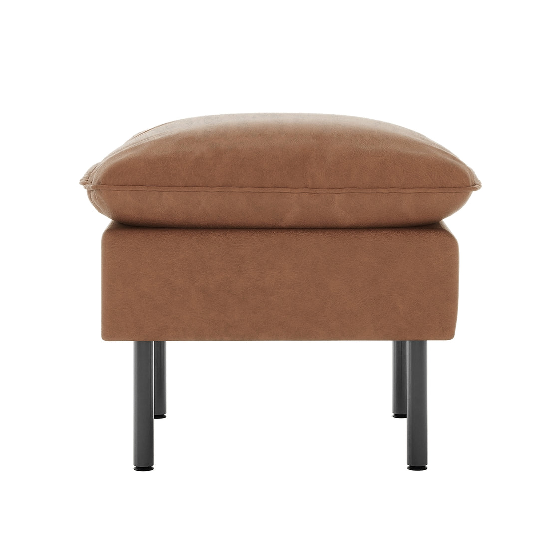 Cassian 5 Seater PU Leather Sofa Set in Chocolate Brown features a plush brown ottoman with a cushioned top, supported by slender black metal legs, offering a modern accent to living spaces.