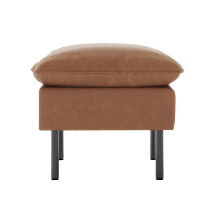 Cassian 5 Seater PU Leather Sofa Set in Chocolate Brown features a plush brown ottoman with a cushioned top, supported by slender black metal legs, offering a modern accent to living spaces.