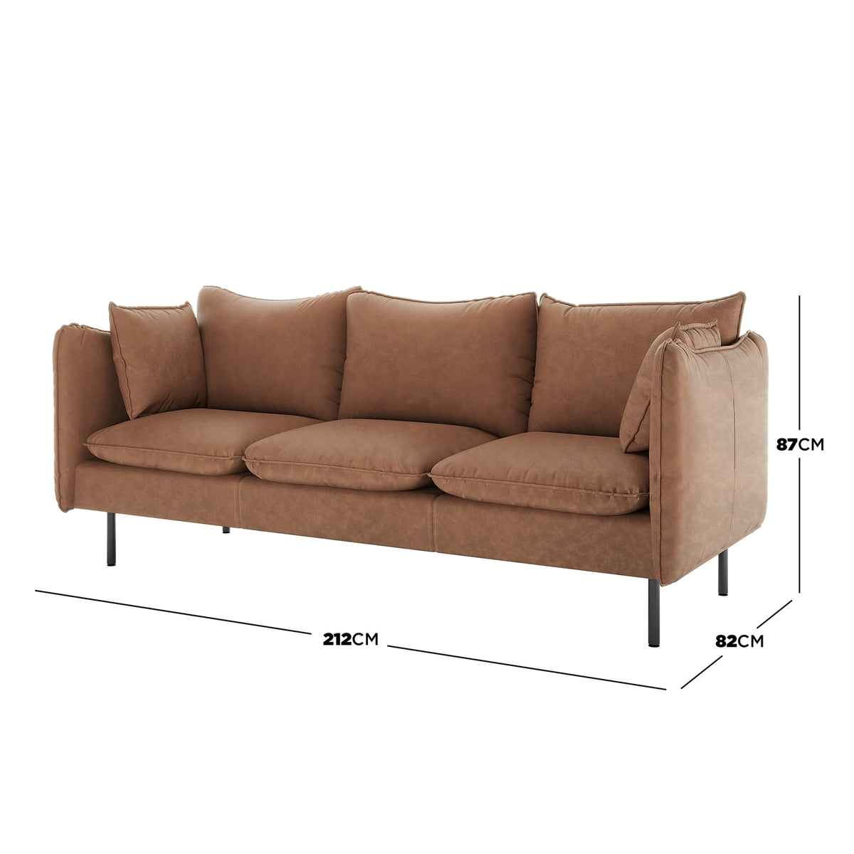 Cassian 6 Seater PU Leather Sofa Set in Chocolate Brown featuring a three-seat design with cognac-brown upholstery, slim black metal legs, loose cushions, and a matching throw pillow.