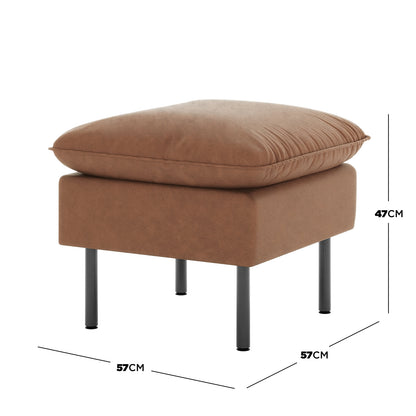 Cassian 6 Seater PU Leather Sofa Set in Chocolate Brown features a small ottoman with a warm brown leather-look, two stacked cushions, and slim black-metal legs, measuring 57cm by 57cm by 47cm.