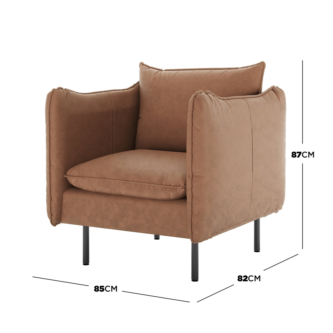 Cassian PU Leather Armchair in Chocolate Brown, featuring a cube shape with warm tan/brown upholstery, slender black metal legs, and dimension lines showing its footprint and height, emphasizing a luxurious single-seat design.