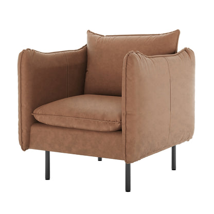 Cassian 7 Seater PU Leather Sofa Set features a modern armchair with warm tan upholstery, overstuffed cushions, and slim black metal legs, embodying comfort and style in any living room setting.