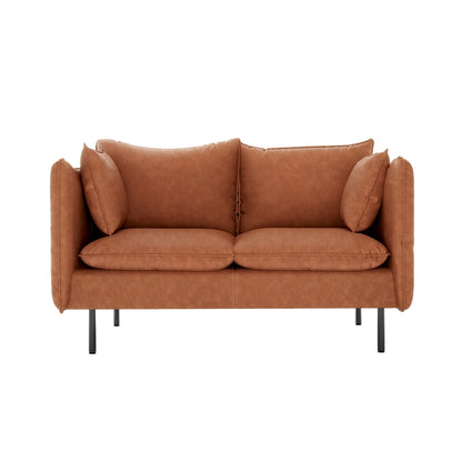 Cassian 7 Seater PU Leather Sofa Set in Mocha, featuring a two-seat loveseat with cognac-brown leather upholstery, two large seat and back cushions, and slim black metal legs for a modern silhouette.