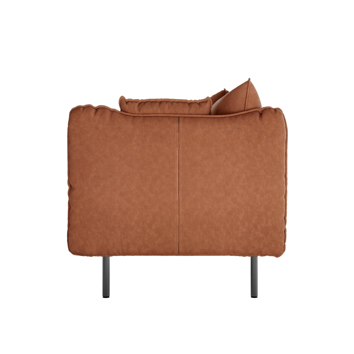 Cassian 7 Seater PU Leather Sofa Set in Mocha, showcasing a side-view of a modern, cognac-brown upholstered armchair with slim black metal legs, highlighting its sleek design and luxurious appeal.