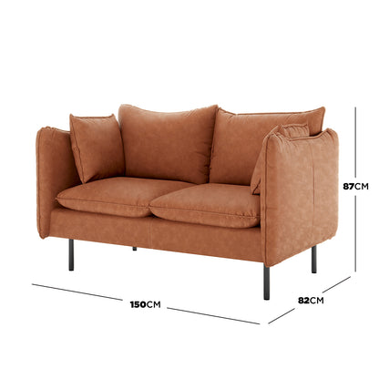 Cassian 7 Seater PU Leather Sofa Set in Mocha, featuring a tan two-seater loveseat with slim black metal legs, two back cushions, and bolster-style pillows; measures 150 cm wide, 82 cm deep, 87 cm tall.