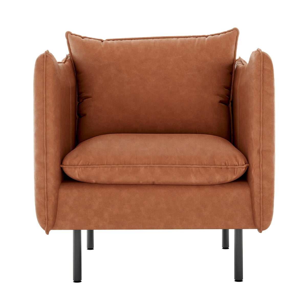 Cassian 7 Seater PU Leather Sofa Set in Mocha features a modern armchair with cognac upholstery, plush cushions, wing-style arms, and sleek black metal legs, ideal for stylish, comfortable seating.