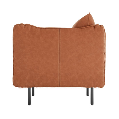 Cassian 7 Seater PU Leather Sofa Set in Mocha, showcasing a modern upholstered lounge module with rust-brown suede fabric, loose back cushion, and slim black metal legs, viewed from the back/side.