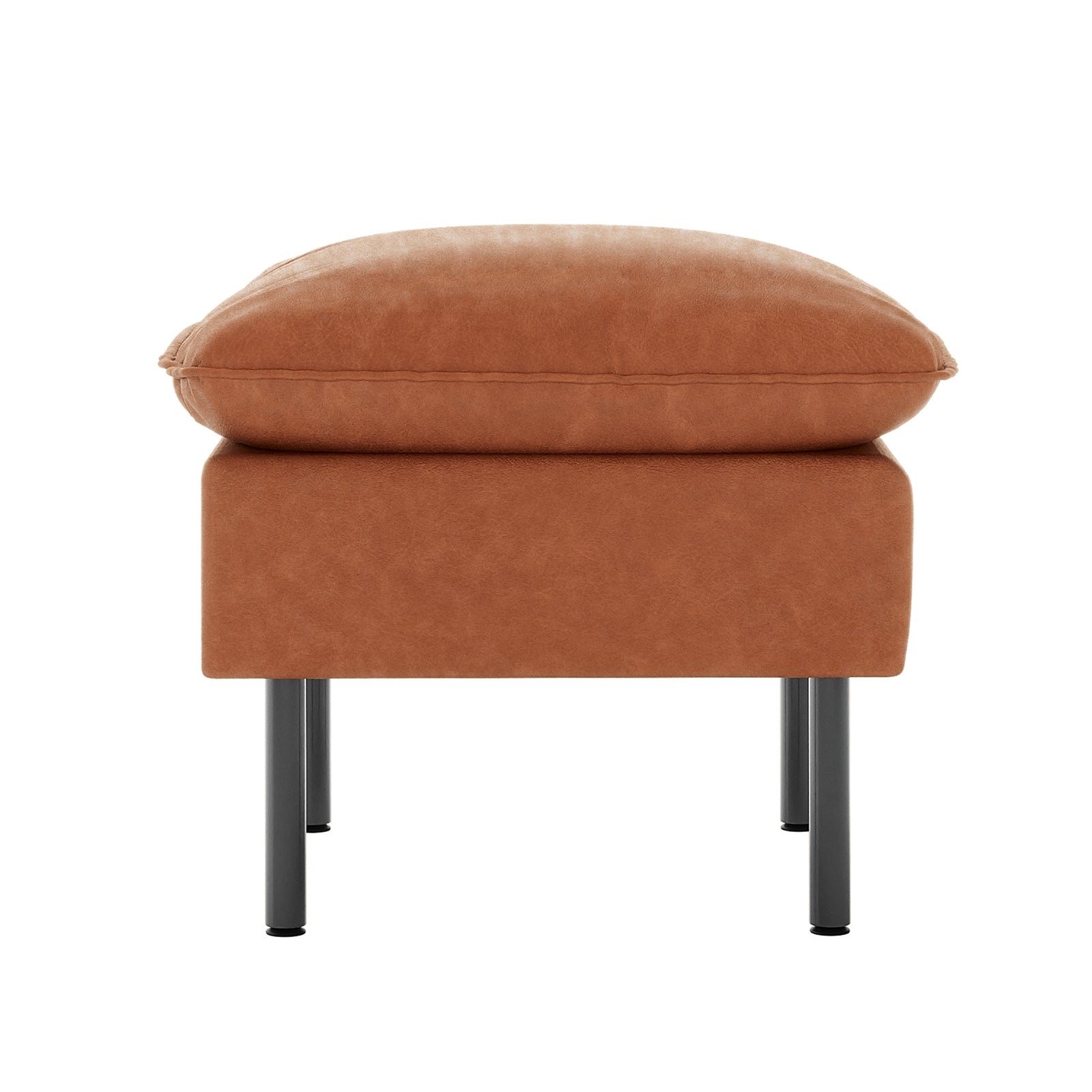 Cassian 7 Seater PU Leather Sofa Set in Mocha features a small rectangular ottoman with a boxy base, warm brown upholstery, and slim, round metal legs in a dark finish.