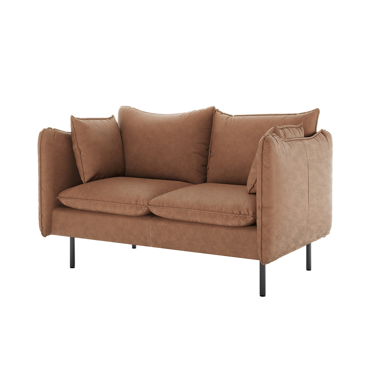 Cassian 2 Seater PU Leather Sofa in Chocolate Brown with thick cushions, squared armrests, and slender black metal legs, offering a chic and luxurious seating option for any living space.