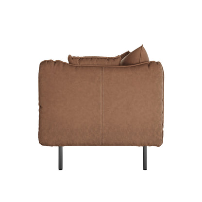 Cassian 2 Seater PU Leather Sofa in Chocolate Brown, featuring a side profile with warm brown upholstery, loose back cushion, squared armrest, and sleek black metal legs, exuding modern elegance.