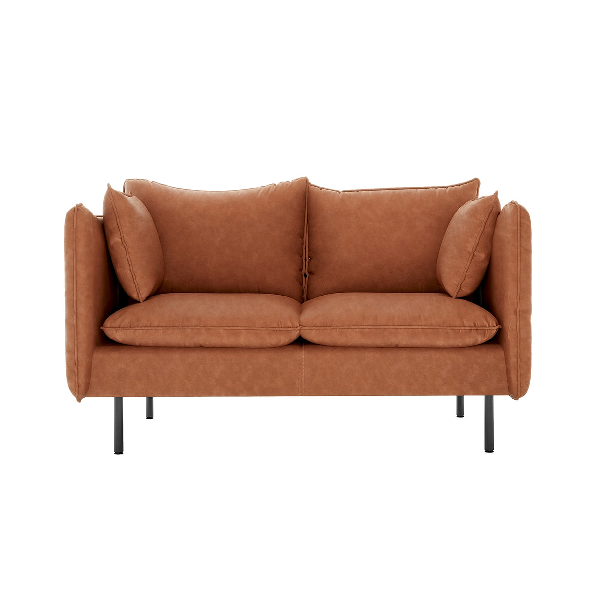 Cassian 2 Seater PU Leather Sofa in Mocha, featuring plush seat and back cushions, low arms with attached bolster pillows, and slender black metal legs, offering chic and luxurious seating.