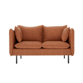 Cassian 2 Seater PU Leather Sofa in Mocha, featuring plush seat and back cushions, low arms with attached bolster pillows, and slender black metal legs, offering chic and luxurious seating.