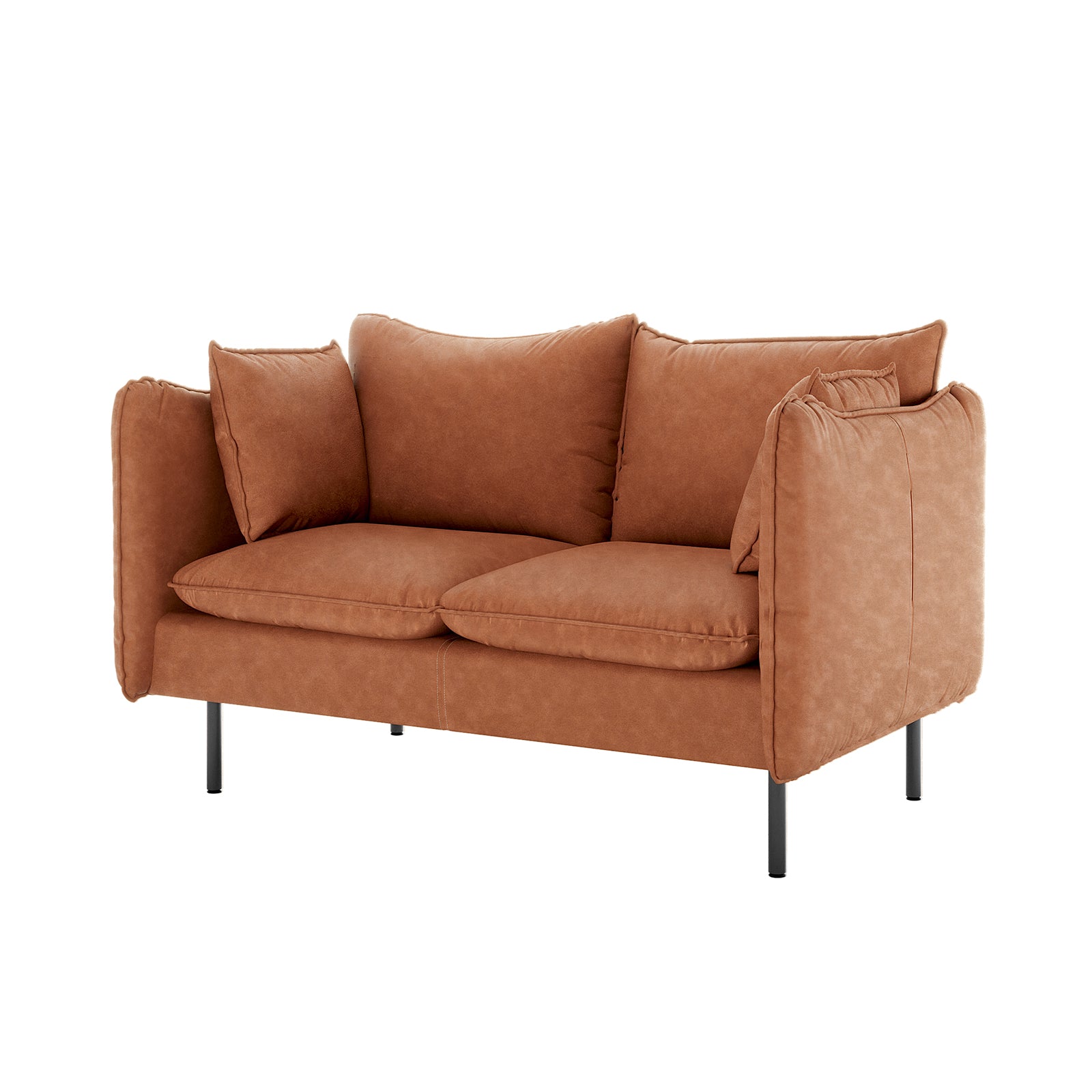 Cassian 2 Seater PU Leather Sofa in Mocha featuring plush camel-brown upholstery, deep cushions, padded armrests, and slender black metal legs, offering a chic, luxurious seating option.
