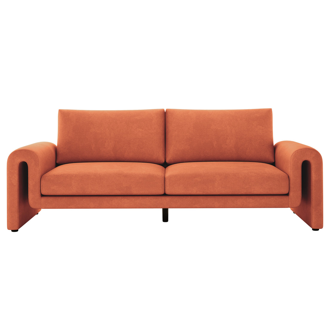 Celyn 3 seater velvet upholstered sofa in burnt orange with curved armrests and black legs