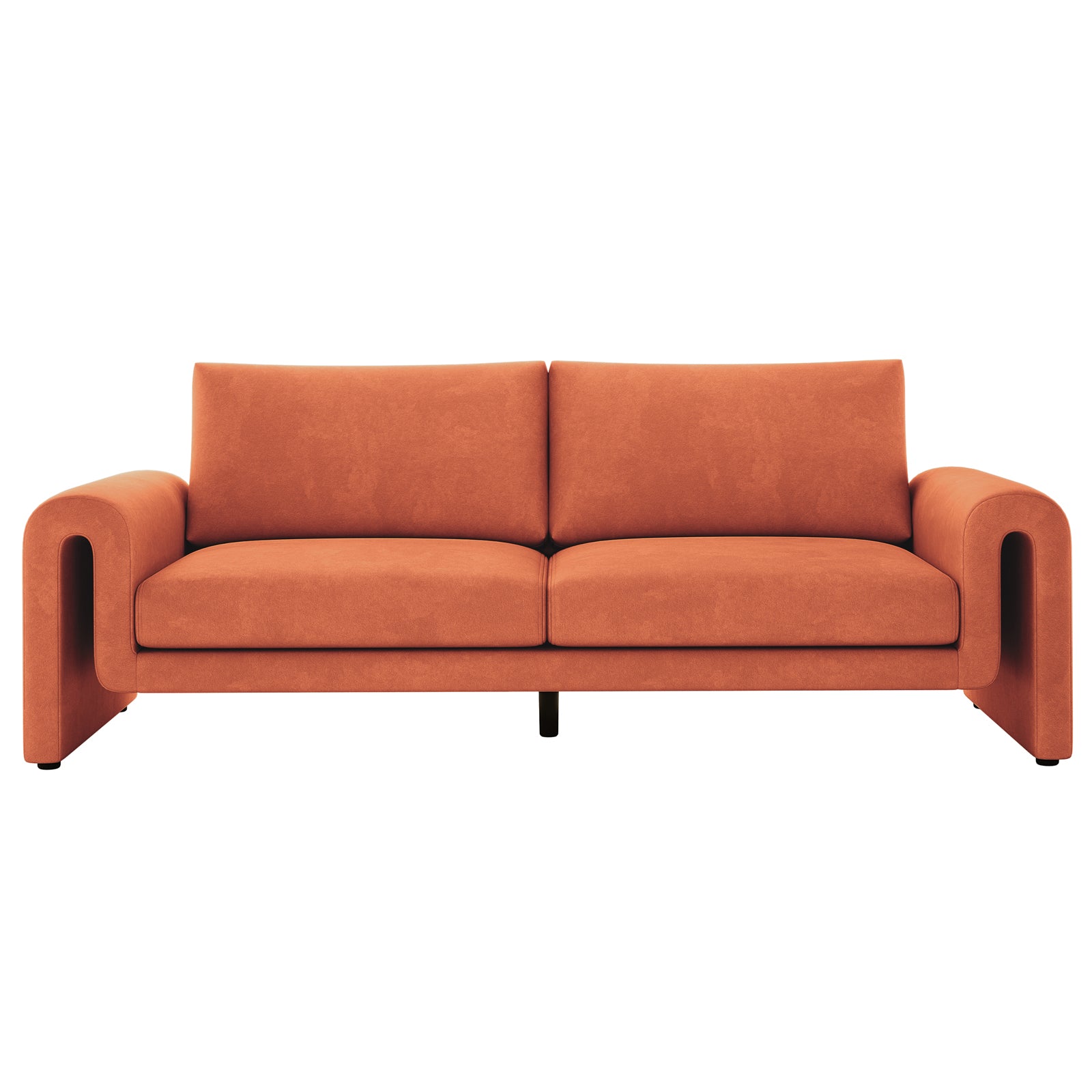 Celyn 3 seater velvet upholstered sofa in burnt orange with curved armrests and black legs