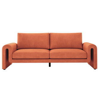 Celyn 3 seater velvet upholstered sofa in burnt orange with curved armrests and black legs