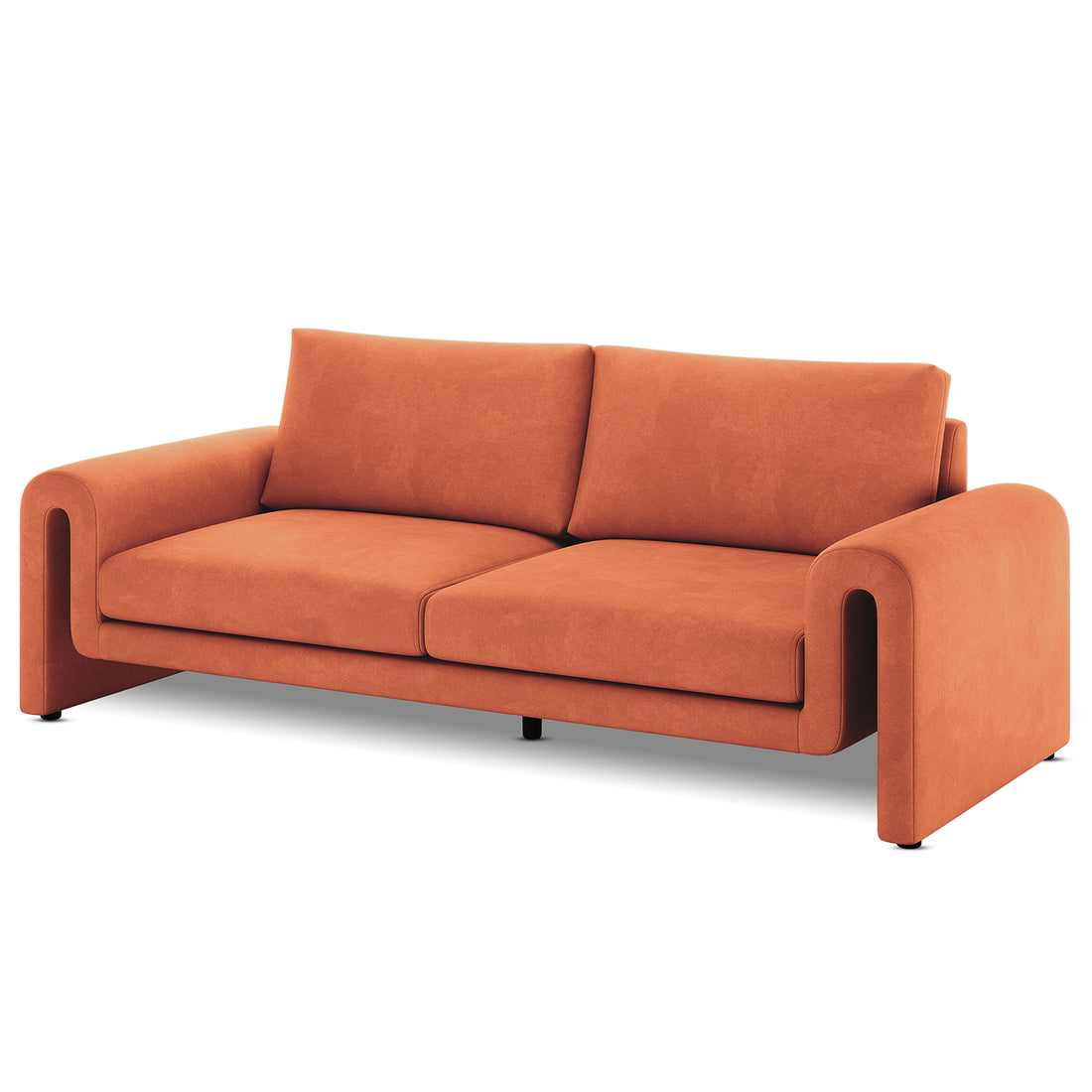 Celyn 3 seater velvet upholstered sofa in burnt orange with curved armrests and black legs