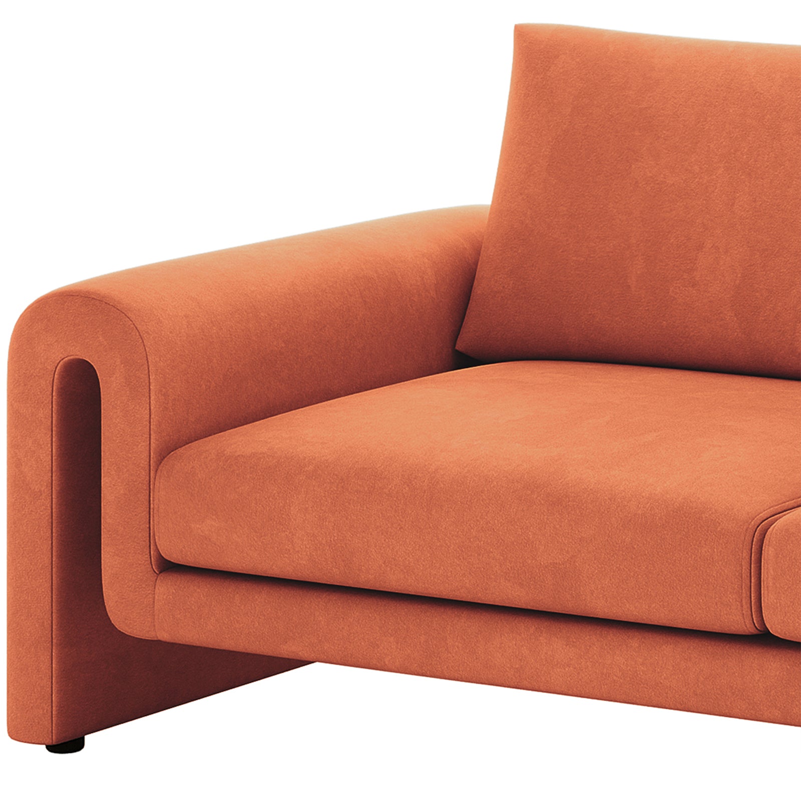Close-up of Celyn 3 seater sofa in burnt orange velvet showing curved armrest and seat cushion detail