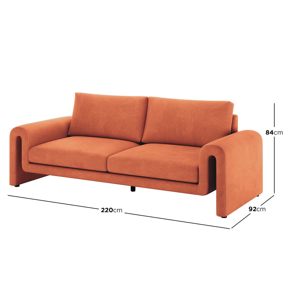 Celyn 3 seater velvet upholstered sofa in burnt orange with curved armrests, 220cm wide, 92cm deep, 84cm high