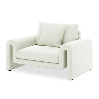 Celyn Curved Velvet Single Sofa Accent Chair in Cream, featuring a sculptural design with continuous armrests, plush velvet fabric, and cushioned seating for luxurious comfort and modern elegance.