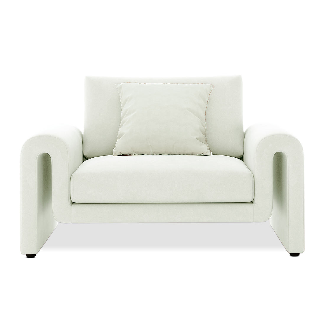 Celyn Curved Velvet Single Sofa Accent Chair in Cream, featuring a modern, single-seat design with plush velvet upholstery, accompanied by a matching cushion, offering a luxurious and comfortable seating option.